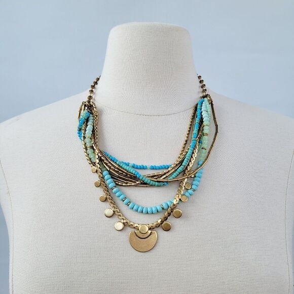 Stella & Dot Isa Gold Disc Turquoise Multi Strand Adjustable Necklace - Picture 2 of 12